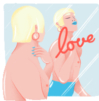 an illustration of a woman looking at her reflection in a mirror with the word love on it