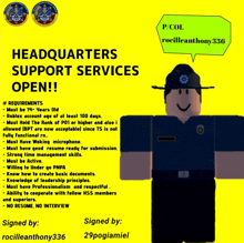 an advertisement for headquarters support services with a roblox character