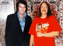 elvis presley and a man wearing a red t-shirt that says graceland