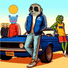 a meerkat standing next to a blue car with a license plate that says $meerk