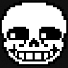 a black and white pixel art drawing of a skull with a smile on its face .