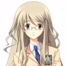 a girl with long blonde hair is wearing glasses and a school uniform .