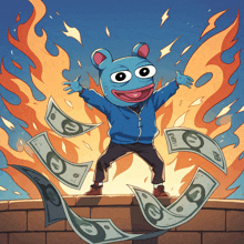 a cartoon character with a blue hoodie is surrounded by dollar bills and fire