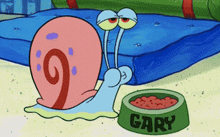 a cartoon snail named gary is eating from a bowl of food