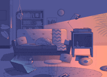 a drawing of a living room with a cat sleeping on a couch