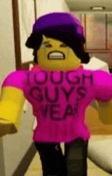 a roblox character wearing a pink shirt that says `` tough guys year '' is walking down a hallway .
