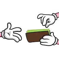 a cartoon hand is holding a dollar bill and another hand is holding a brown wallet
