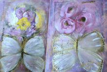 a painting of a butterfly with a pink flower in the background and a purple background that says ' blumen ' on it