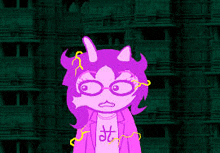 a purple cartoon character with horns and glasses is standing in front of a green building .