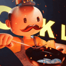 a cartoon character with a mustache is holding a frying pan and a spoon