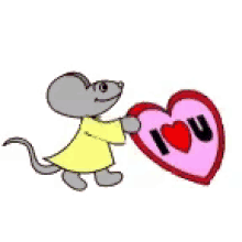 a cartoon mouse is holding a pink heart that says `` i love you '' .