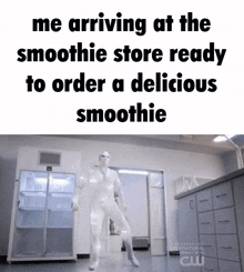 a man in a white suit is dancing in front of a smoothie store ready to order a smoothie