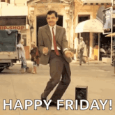a man in a suit and tie is dancing on a street with the words happy friday .