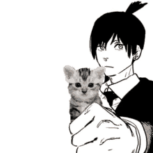 a black and white drawing of a boy holding a kitten in his hand .