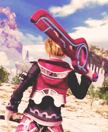 a person is holding a large red sword on their back in a video game .