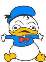 a cartoon of donald duck wearing a blue hat and bow tie .