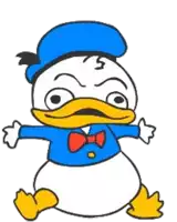 a cartoon of donald duck wearing a blue hat and bow tie .