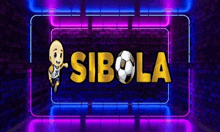 a cartoon of a man holding a soccer ball in front of a neon sign that says sibola .