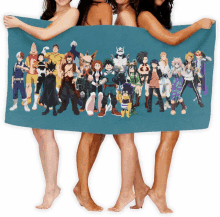 a group of naked women holding a towel with a picture of the my hero academia characters