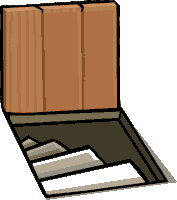 a cartoon drawing of a staircase with a wooden wall behind it