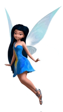 a blue fairy with long black hair and blue wings