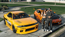 a man and a woman are standing in front of a yellow car that says clobill