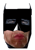 a close up of a person wearing a batman mask on their face