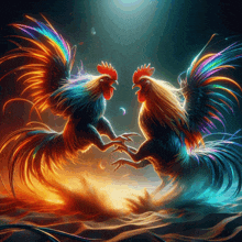 two colorful roosters standing next to each other with their wings spread