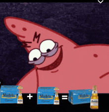 a picture of patrick star with a box of modelos