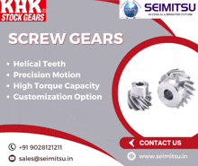 an advertisement for screw gears with a contact us button