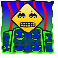 a cartoon drawing of a yellow sign with a face on it surrounded by smiling faces