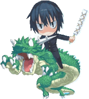 a boy riding on the back of a green dragon holding a sword