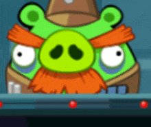 a cartoon pig with an orange beard and hat is sitting at a pool table .