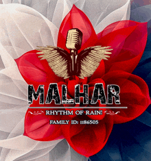 a red flower with a microphone and the name malhar on it