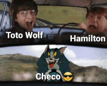 harry potter and toto wolf are in a car with checo