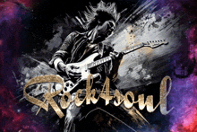 a drawing of a man playing a guitar with the words rock soul written in gold
