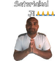 a man in a white shirt with his hands folded under the words satsriikal ji