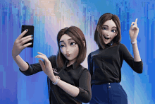 two female cartoon characters wearing galaxy shirts take a selfie together