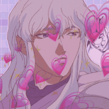 a drawing of a man with long white hair and pink hearts on his face