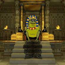 a cartoon of a frog wearing a pharaoh hat is sitting on a throne