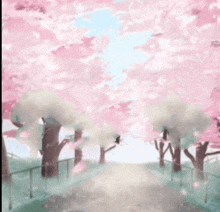 a painting of a path surrounded by pink cherry blossom trees