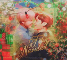 a picture of two men hugging with the words feliz navidad written on the bottom