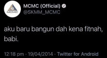 a screenshot of a tweet from mcmc official on twitter for android