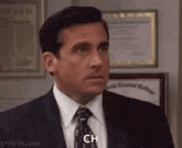 michael scott from the office is wearing a suit and tie and making a face .