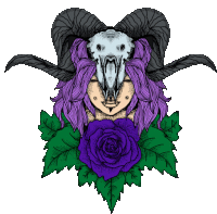 a drawing of a woman with purple hair and a ram skull on her head