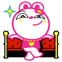 a pink and white cartoon character is sitting on a red chair