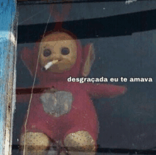 a teddy bear with a cigarette in its mouth is behind a glass window with the words desgraçada eu te amava on it