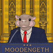 a cartoon drawing of a hippo in a suit and tie giving a speech named moodengeth