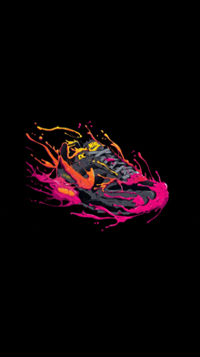 a nike shoe is surrounded by pink and yellow paint splashes on a black background