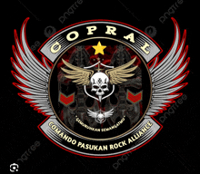 the logo for copral comando pasukan rock alliance with a skull and wings